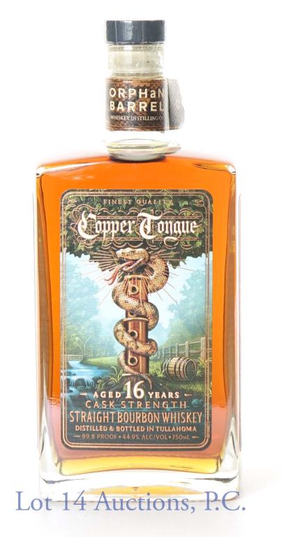 Orphan Barrel 16 Yr Copper Tongue Cask Strength: **IF YOU NEED SHIPPING ON BOTTLES OR DECANTERS PLEASE CALL US BEFORE BIDDING! 847-625-0555!** 89.8 proof, 750ml. Orphan Barrel Coper Tongue 16 Year Old Cask Strength straight bourbon whiskey, distille