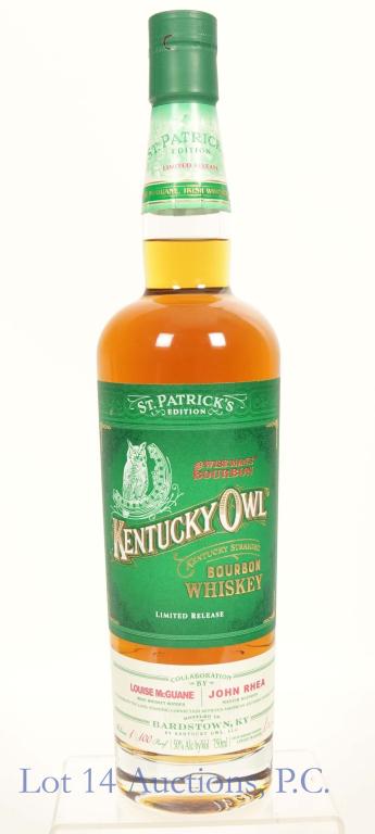 Kentucky Owl Bourbon (St. Patrick's Ltd Release): *** IF YOU MAY NEED SHIPPING, PLEASE CALL US BEFORE BIDDING ON BOTTLES! 847-625-0555. *** 2022 Kentucky Owl straight bourbon whiskey. 100 proof. 750 ml. Full & sealed. Limited release St. Patrick's Da