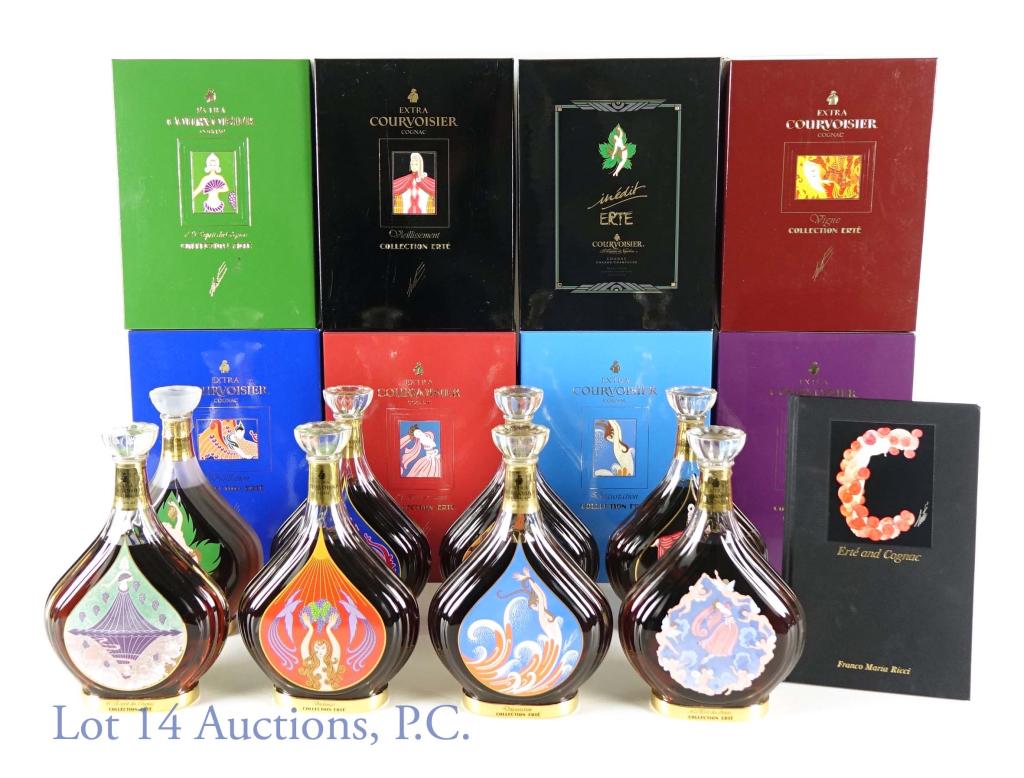 Erte Courvoisier Cognac (Full Set of 8) + Book: "IF YOU MAY NEED SHIPPING YOU MUST SPEAK WITH IAN BEFORE BIDDING ON BOTTLES. 847-625-0555 " A rare and extraordinary collection! The complete 8 bottle set of the Extra Courvoisier cognac Érte collect