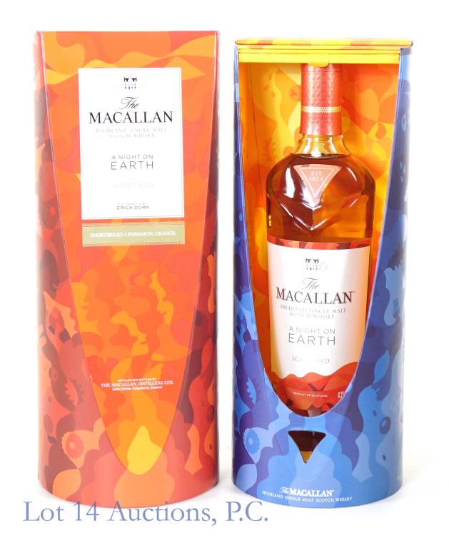 Macallan A Night on Earth S. M. Scotch Whisky: *** IF YOU MAY NEED SHIPPING, PLEASE CALL US BEFORE BIDDING ON BOTTLES! 847-625-0555. *** Macallan "A Night on Earth in Scotland" Highland single malt Scotch whisky. 86 proof. 750ml. Comes in presenta