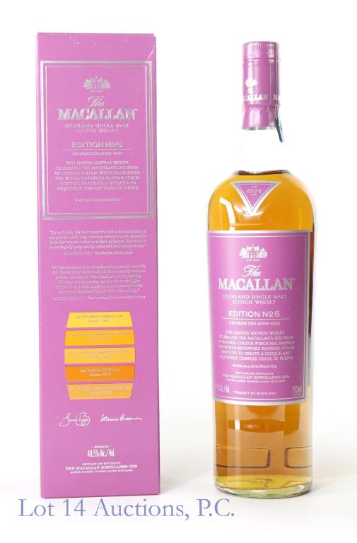 Macallan No. 5 Scotch w/ Box: *** IF YOU MAY NEED SHIPPING, PLEASE CALL US BEFORE BIDDING ON BOTTLES! 847-625-0555. *** 48.5 ABV, 750 ml. Full and sealed.