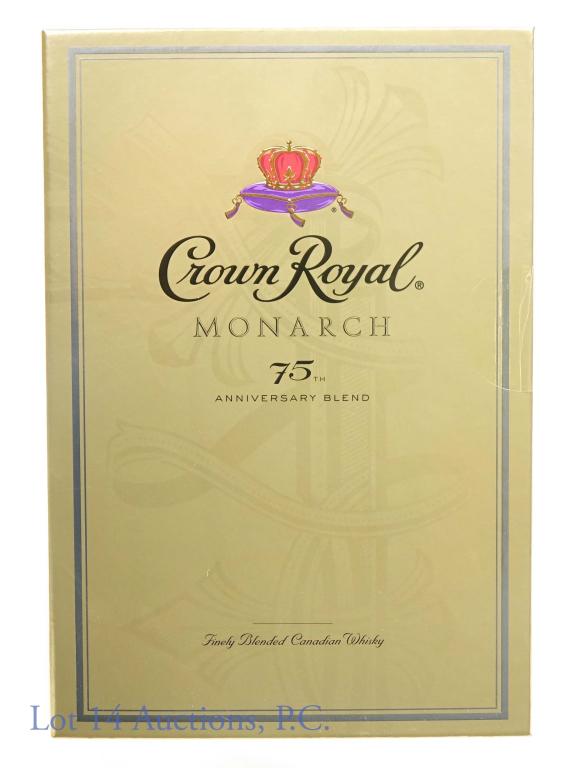 2014 Crown Royal Monarch 75th Anniv. Blend Sealed: *** IF YOU MAY NEED SHIPPING, PLEASE CALL US BEFORE BIDDING ON BOTTLES! 847-625-0555. *** 2014 Crown Royal Monarch 75th Anniversary Canadian whisky. 80 proof. 750 ml. Box is sealed with bottle inside,