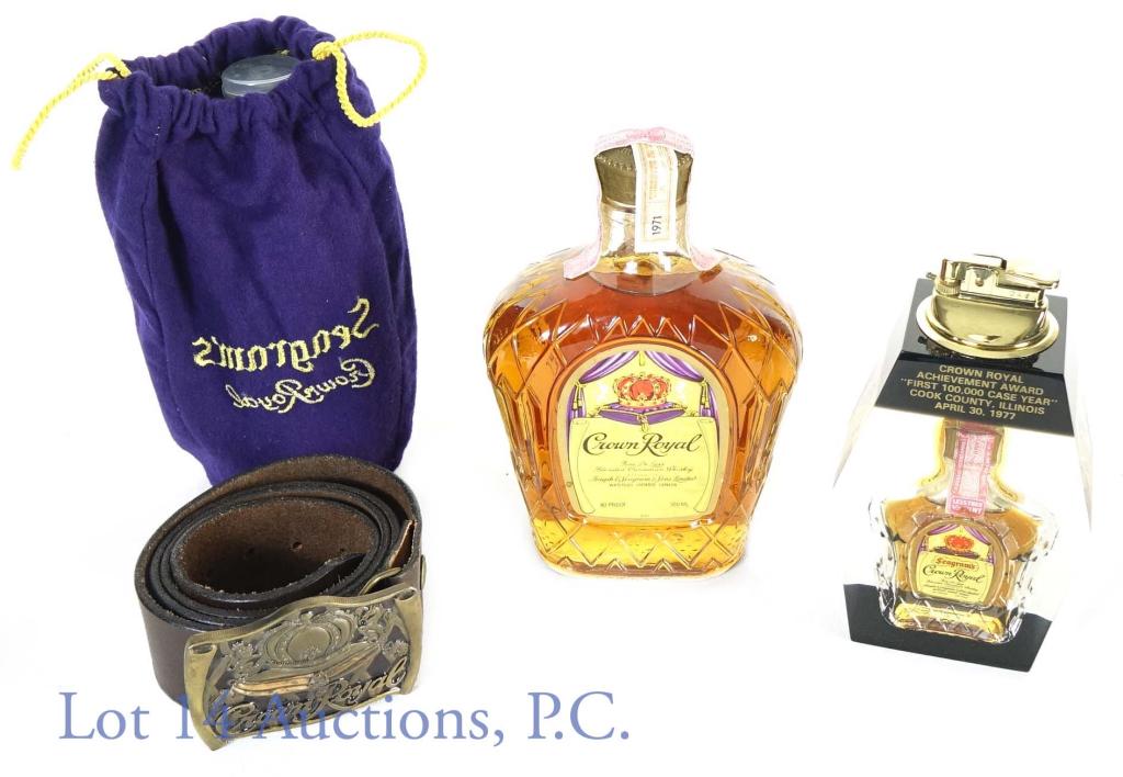 1971 Crown Royal, '66 Promo, Belt Buckle: 1971 Crown Royal, 80 proof, 500ml. 1966 Crown Royal Mini bottle in acrylic Achievement Award gas table lighter for "First 100,000 Case Year", Cook County, Illinois, April 30, 1977. Note" Lighter bag i