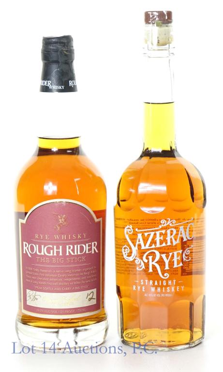 Sazerac Rye + Rough Rider Rye Whiskey (2 bottles): *** IF YOU MAY NEED SHIPPING, PLEASE CALL US BEFORE BIDDING ON BOTTLES! 847-625-0555. *** 1) Sazerac straight rye whiskey. 90 proof. 750 ml. Etch: L22308011452B. 2) Rough Rider The Big Stick Winter Ry