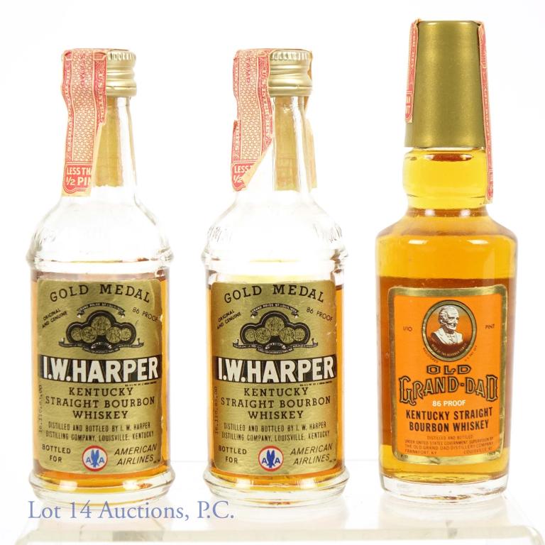 Transportation Mini Harper & Old Grand-Dad Bourbon: Three mini bottles. Two I. W. Harper American Airlines Bourbon Whiskey (low fill) and one good fill Old Grand-Dad Bourbon Whiskey, "Bottled for TRANSPORTATION COMPANIES". Old Grand-Dad likely 1972 wit