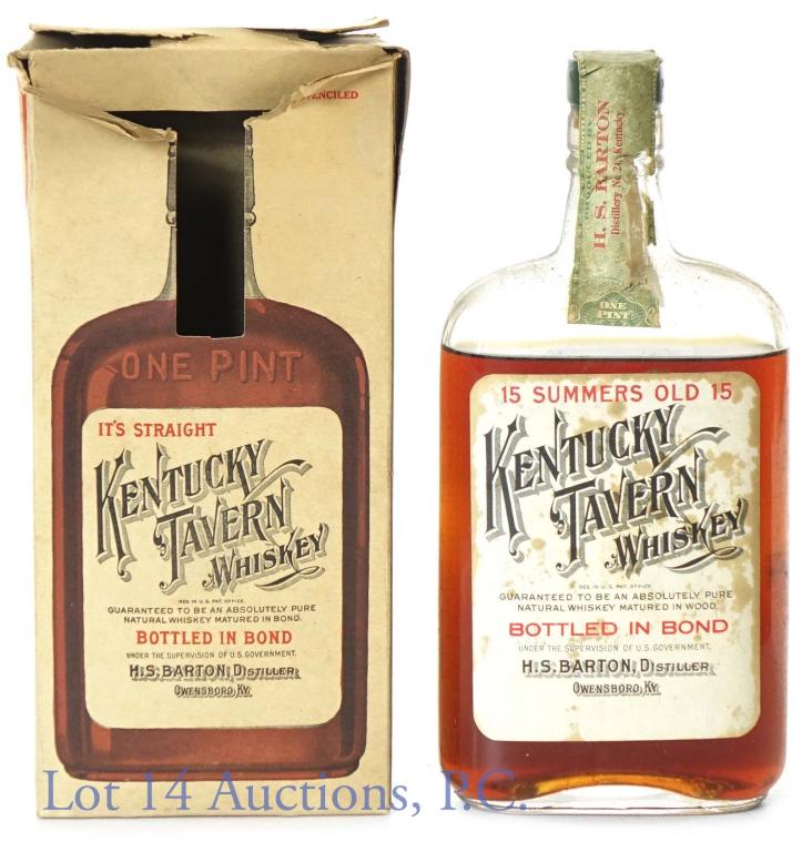 PrePro Kentucky Tavern Whiskey (BiB 1917-1933): Kentucky Tavern whiskey. 15 summers old (made Fall 1917 - Bottled Spring 1933). Bottled in Bond (100 proof). 1 pint. Low shoulder fill. Pre-prohibition production. H.S. Barton Distiller. Labeled "WARN