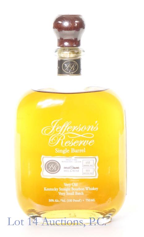 Jefferson's Reserve Whiskey (Store Pick): *** IF YOU MAY NEED SHIPPING, PLEASE CALL US BEFORE BIDDING ON BOTTLES! 847-625-0555. *** Jefferson's Reserve single barrel Kentucky straight bourbon whiskey. Mel & Rose store pick. Pritchard Hill cab