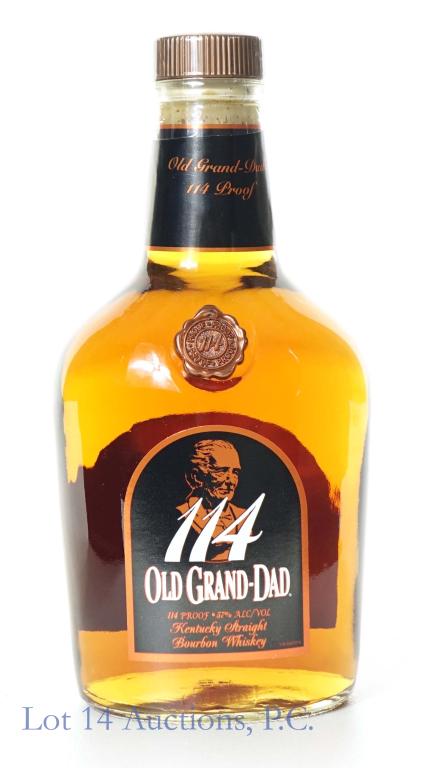 Old Grand-Dad 114 Lot No. 1 Whiskey: *** IF YOU MAY NEED SHIPPING, PLEASE CALL US BEFORE BIDDING ON BOTTLES! 847-625-0555. *** 114 proof. 57% abv. 750 ml., full and sealed.