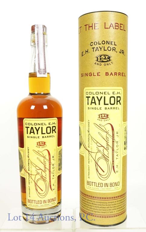Col. E. H. Taylor Single Barrel Bonded Ky. Bourbon: *** IF YOU MAY NEED SHIPPING, PLEASE CALL US BEFORE BIDDING ON BOTTLES! 847-625-0555. *** 100 proof, 750ml. Colonel E. H. Taylor Single Barrel Bottled in Bond Straight Kentucky Bourbon Whiskey. In cyl