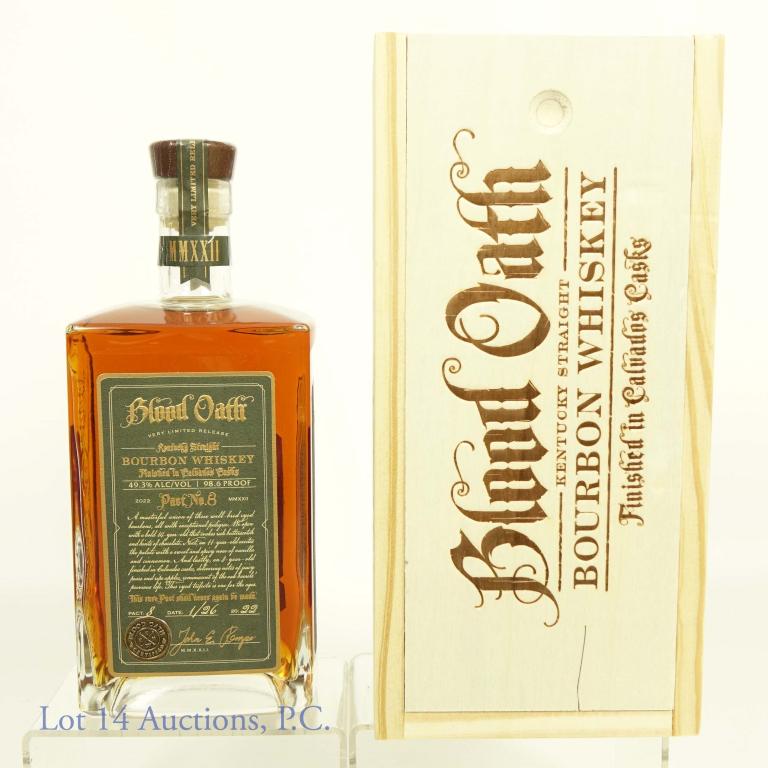 2022 Blood Oath Bourbon Whiskey Pact No. 8: *** IF YOU MAY NEED SHIPPING, PLEASE CALL US BEFORE BIDDING ON BOTTLES! 847-625-0555. *** 98.6 proof 750ml. Blood Oath Very Limited Release Kentucky Straight Bourbon Whiskey, finished in in Calvados c