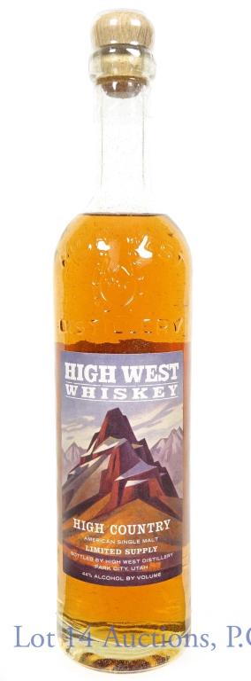 High West "High Country" Single Malt Whiskey: *** IF YOU MAY NEED SHIPPING, PLEASE CALL US BEFORE BIDDING ON BOTTLES! 847-625-0555. *** 44% abv. 750 ml. Limited Supply. High West American Single Malt Whiskey. Aged 2 years. A blend of 100% copper