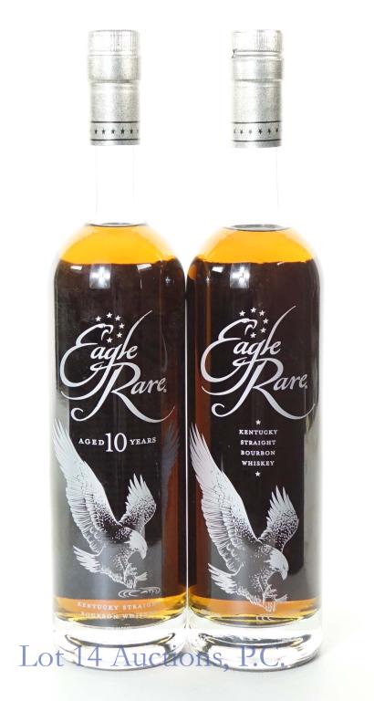 Eagle Rare 10 Year Bourbon Whiskey (2): *** IF YOU MAY NEED SHIPPING, PLEASE CALL US BEFORE BIDDING ON BOTTLES! 847-625-0555. *** 2 bottles of Eagle Rare Kentucky Straight Bourbon Whiskey. Aged 10 years. 90 proof. 750 ml.