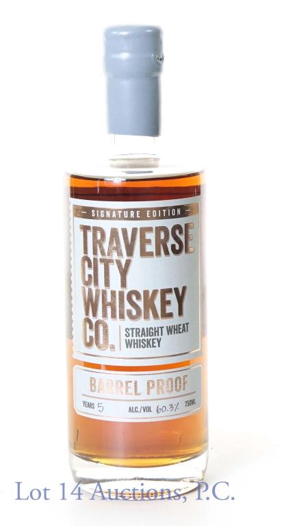 Traverse City Whiskey Co. Straight Wheat Whiskey: *** IF YOU MAY NEED SHIPPING, PLEASE CALL US BEFORE BIDDING ON BOTTLES! 847-625-0555. *** Traverse City Whiskey Co. straight wheat whiskey. Barrel proof. 5 years old. 120.6 proof, 750 ml.