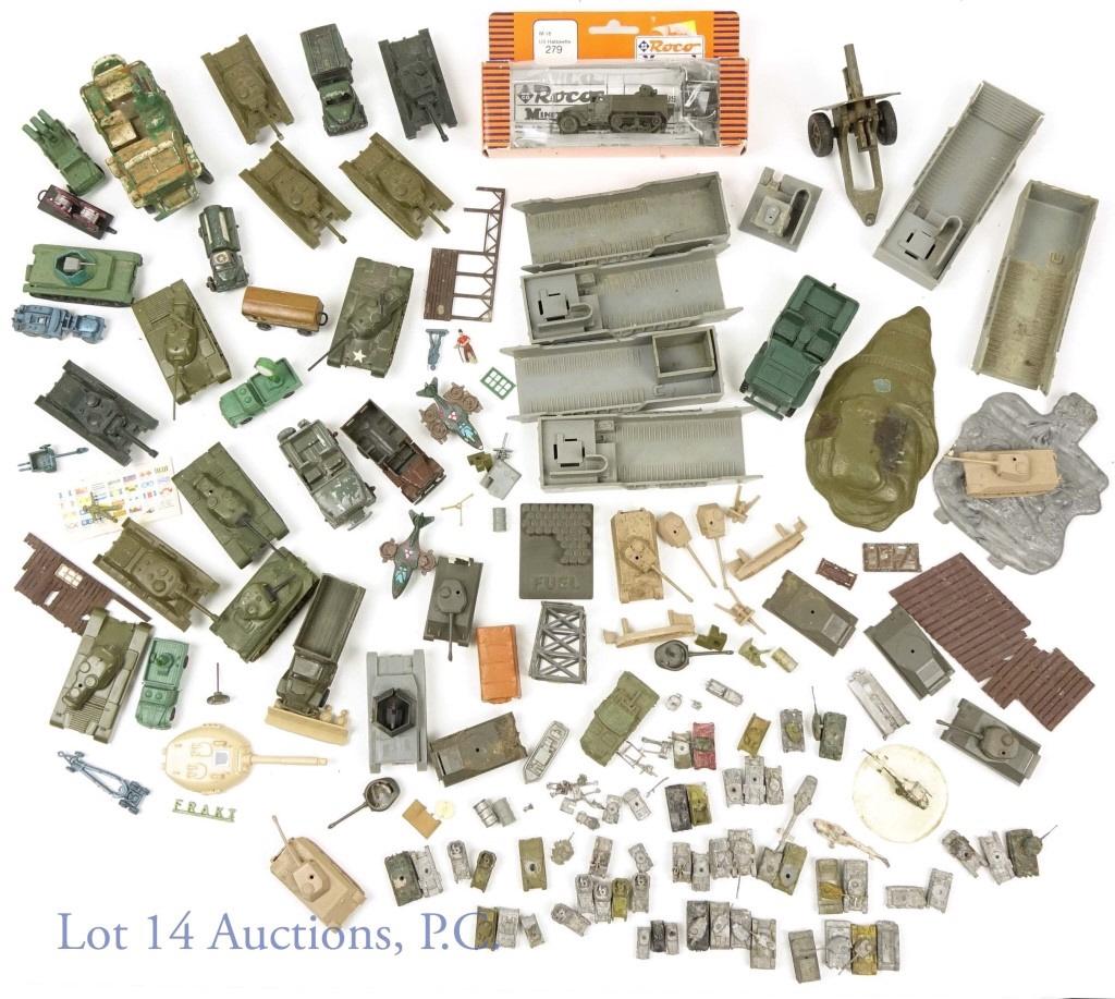 Military Micro Metal Diecast and Plastic Models: Micro 1:285 scale metal diecast military models include 45 tanks, 8 vehicles, 3 helicopters, couple people, a canon and more. Tanks are 1" long max and helicopters are 1.75" long max. Some of these ti