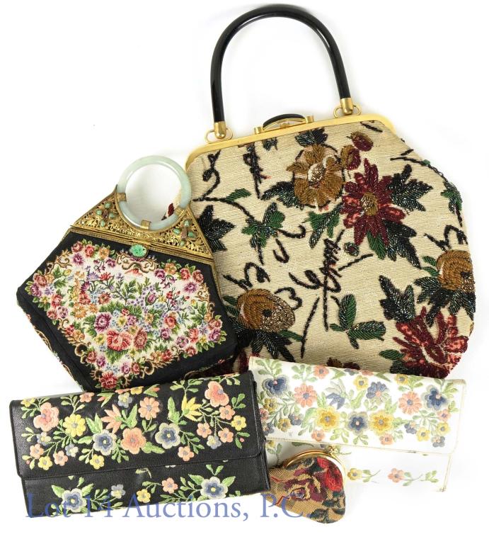 Embroidered Purse, Clutch and Handbag Lot: Antique art deco Chinese petit point purse with jade handle and gilt brass floral stamped hardware. Beautifully detailed floral needlepoint design, gemstone detailing on handle with Jade pull clasp an