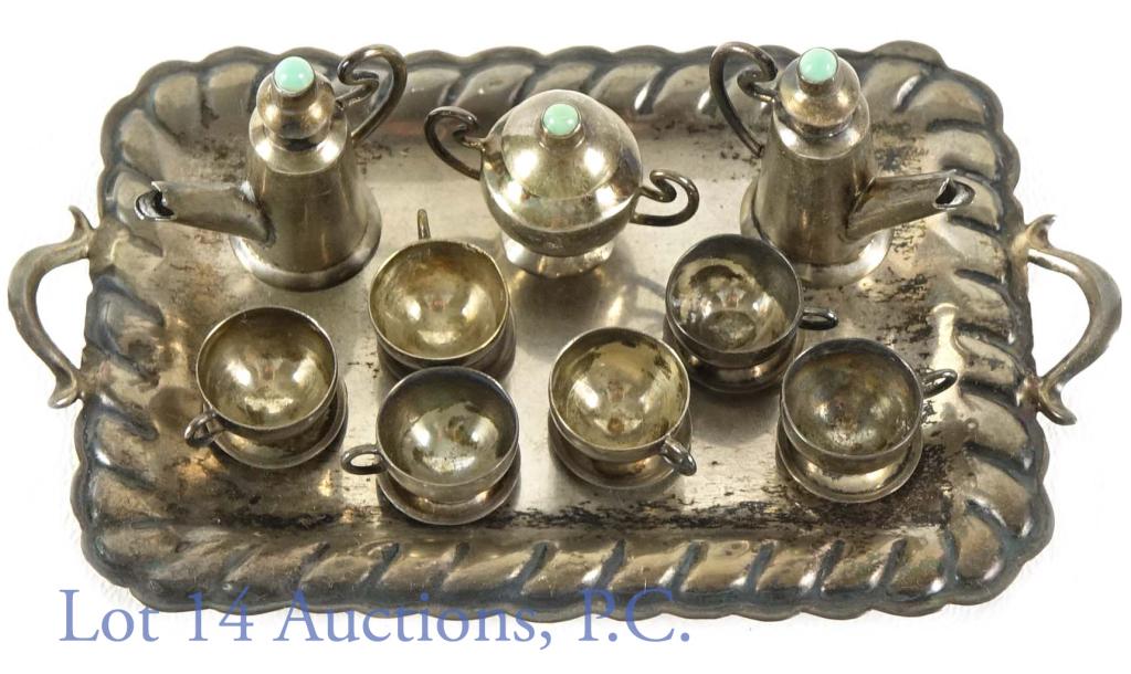Mexico Dollhouse Silver Tea Set Turquoise Inset: Vintage miniature dollhouse sterling silver tea serving set with turquoise insets. Made in Mexico. Includes tray with two handles and scalloped edges. Maker's mark on bottom corner. Two Teapots and Su