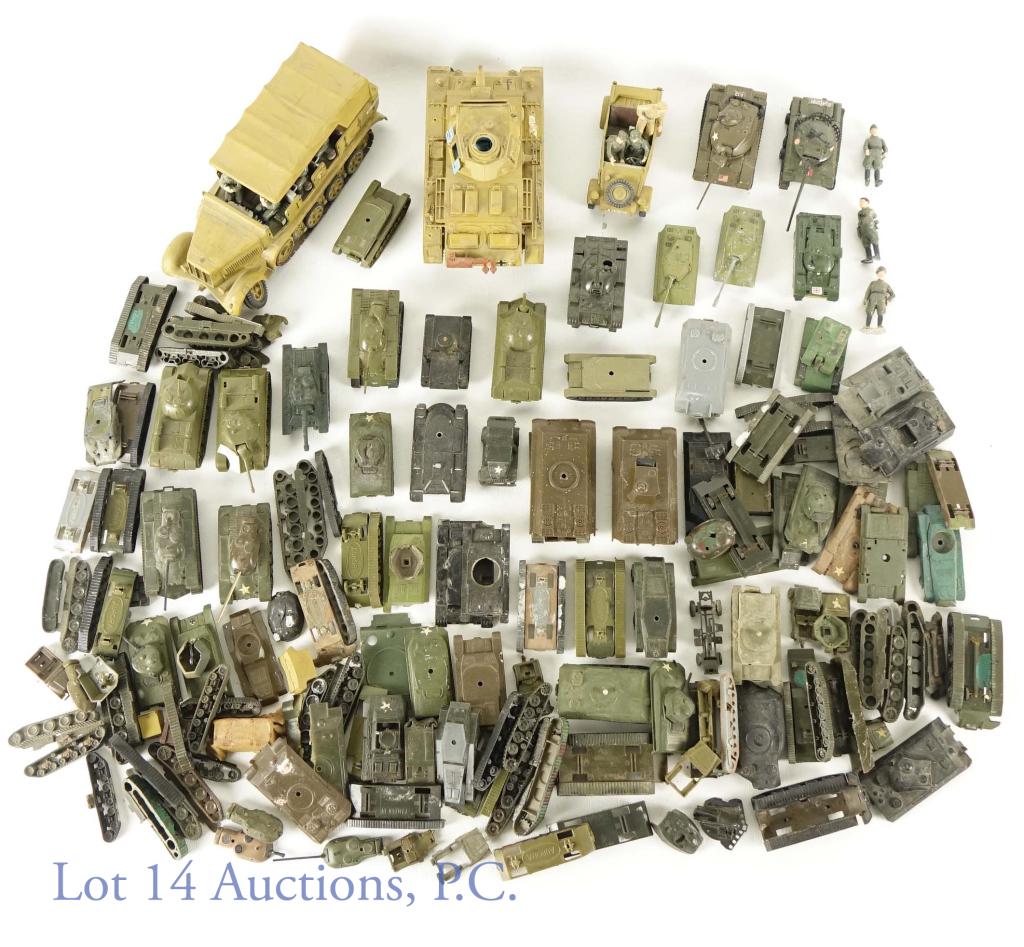 World War 2 Military Toy Tank Model Lot: Tamiya plastic German tank model 1971 about 6" long and 3.5" wide. German tank vehicle model about 7.5" long and 2.75" wide. Includes 14 soldier models. Many Aurora and Panther (Some IDEAL and DBGM) W