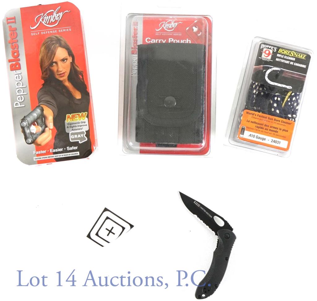 Self Defense Lot (3) Pepper Spray, Knife: Lot of various self defense items: Kimber Gel Pepper Spray Blaster II with carrying pouch, Hoppe's Bore Snake rifle cleaner, and 5.11 limited edition knife. All items are kept unopened in its original