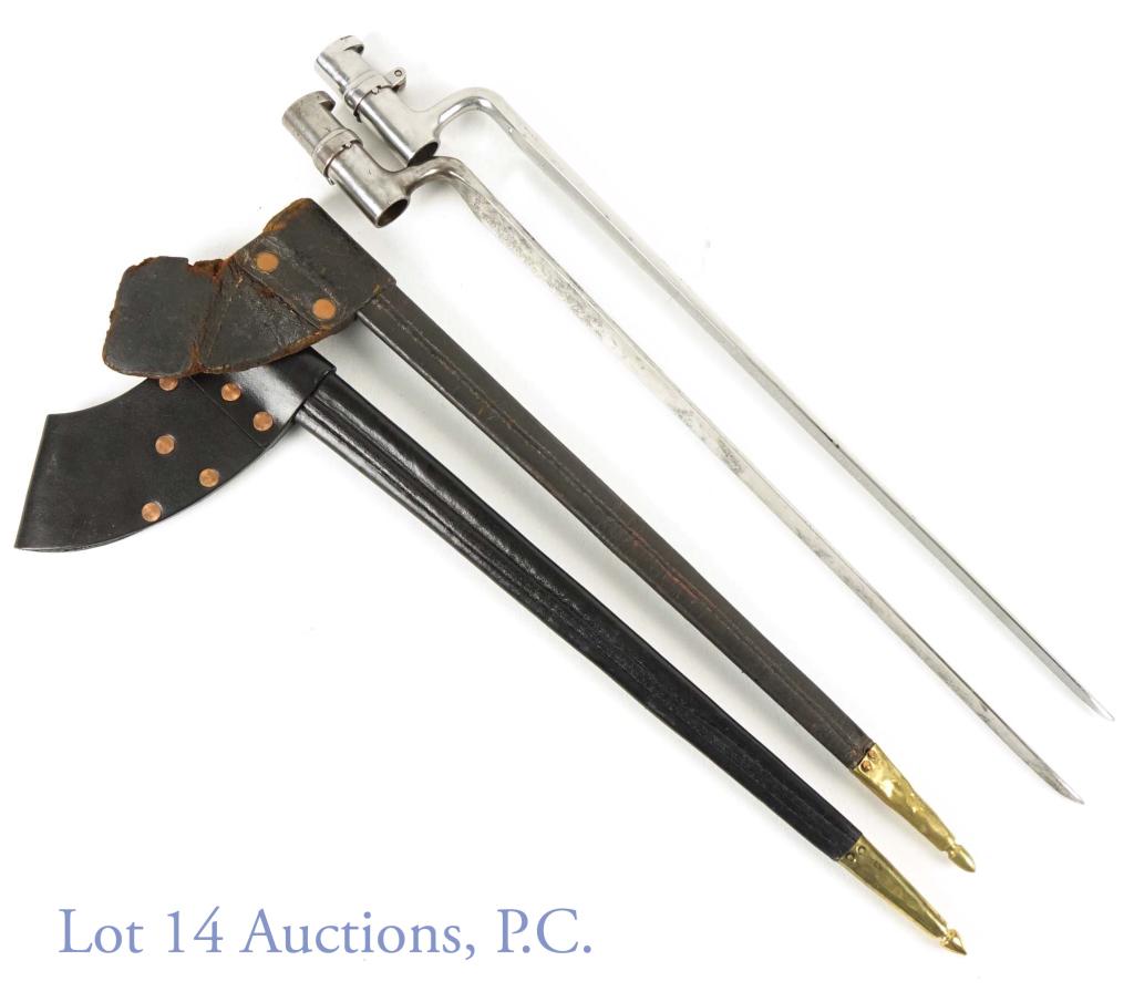 U.S. Military Triangular Bayonets (2): (2) United States military triangular bayonets. Both are stamped "US". Both come in leather scabbards (one in rougher condition). Per consigner, these are possibly Civil War era. Blade is 16.75" (42.5