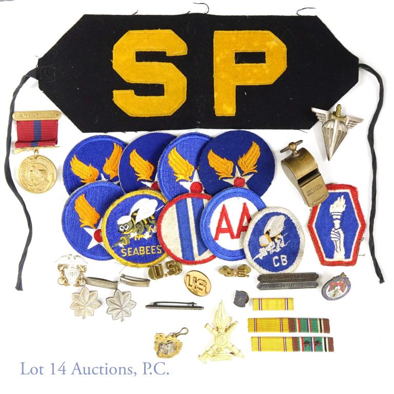 Military Patches, Badges, Medals: Collection includes vintage Shore Patrol (SP) arm band, French paratroopers (B.E.T.A.P.) metal badge, brass whistle inscribed "OFFICIAL MILITARY", Italian armor epaulet badge (?), War Pricing and Rati