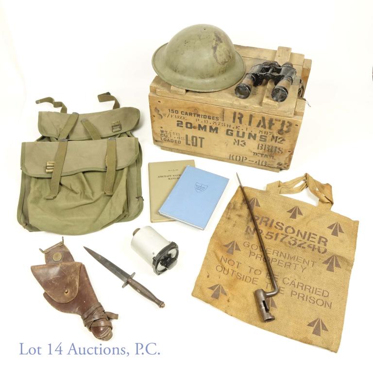 Military Collectables Crate (Including the Crate): World War II 20 mm ammo wooden crate. 18.25" x 13.75" x 10.25". Both handles intact. Dated 7-45. *** British commando knife. *** British helmet shell. *** British military prison burlap bag *** pair o