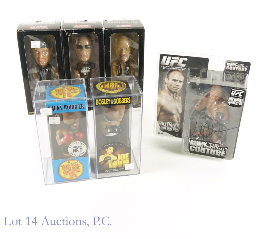 WWE UFC Boxing Bobbleheads & Action Figures (6): WWE UFC Boxing Bobbleheads & Action Figures (6 Total). All of the bobbleheads in this lot come in their original boxes. Includes a Signed / Autographed Randy Couture UFC Ultimate Collector Action Figu