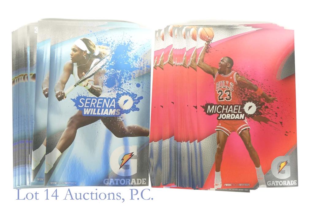 Michael Jordan & Serena Williams Gatorade Posters: Michael Jordan Serena Williams Gatorade Posters (150+ Total). All posters measure 11x17. Includes hundreds of identical posters featuring Michael Jordan dunking for a Gatorade ad & Serena Williams usi