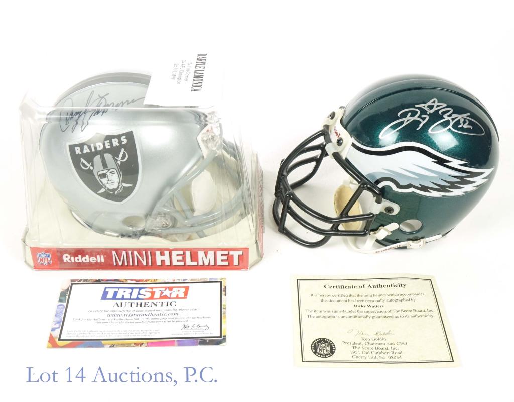 Ricky Watters Daryle Lamonica Signed Mini Helmets: Ricky Watters & Daryle Lamonica Signed Mini Helmets (2 Total) (TriStar & ScoreBoard COA). Both Mini Helmets come with a COA.