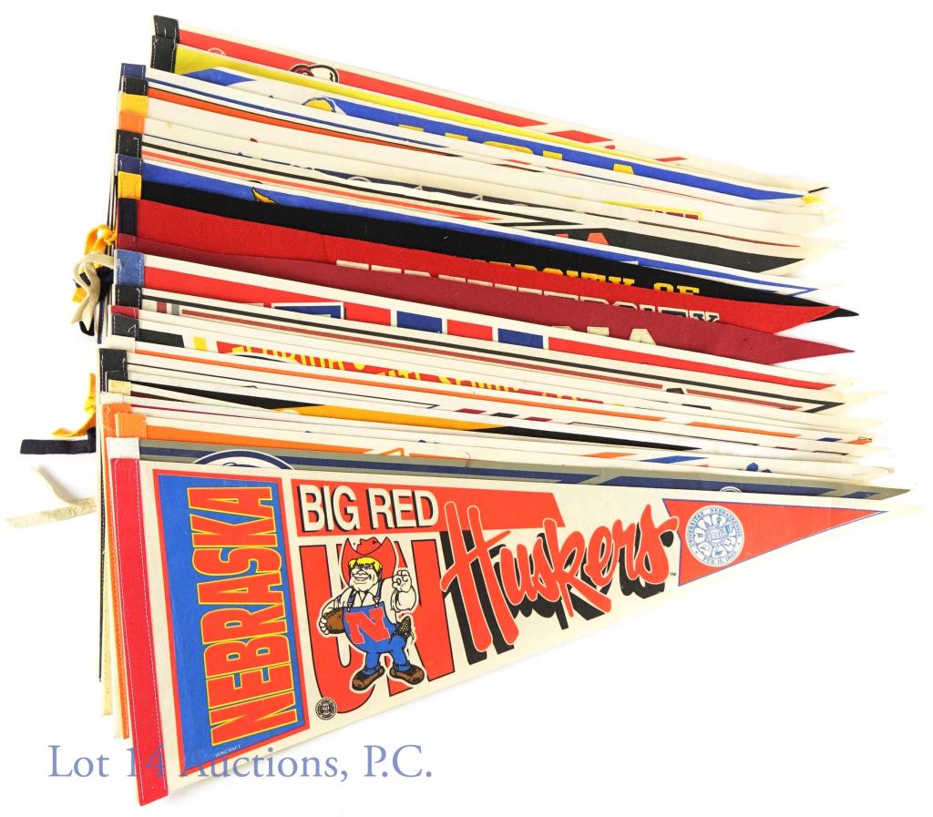 College Sports Pennants (25): Please see photos for condition. Some bent ends, some holes and creasing. University of Maryland. Vanderbilt University. University of Tennessee Vols. Georgetown University Hoyas. University of Nebras