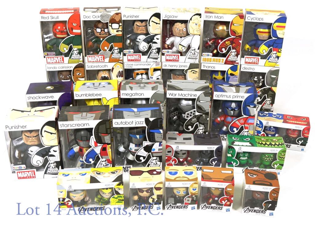 Hasbro Mighty Muggs Vinyl Action Figure Toys (24): Hasbro Mighty Muggs & Mini Muggs Vinyl Action Figure Toys (24 Toys Total) (Factory Sealed). Features many of the biggest franchises Star Wars, Marvel, Transformers, G.I. Joe & Indiana Jones. Mighty Mu