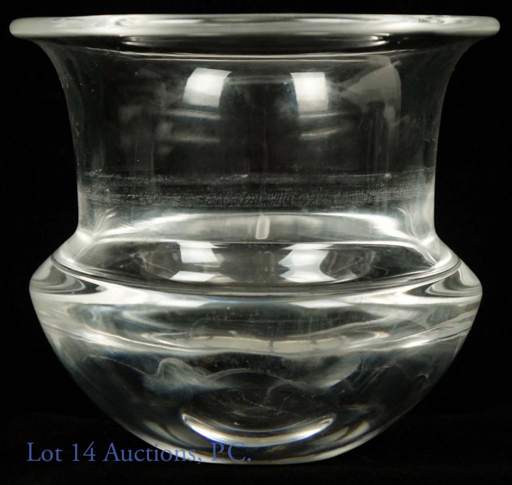 Steuben Glass 4" Clear Flower Urn Vase: Steuben clear glass flower urn shape Vase or candle votive. Approximately 4" tall and 4.5" diameter flared top. Signed "Steuben B" on bottom. Scratches on bottom shown.