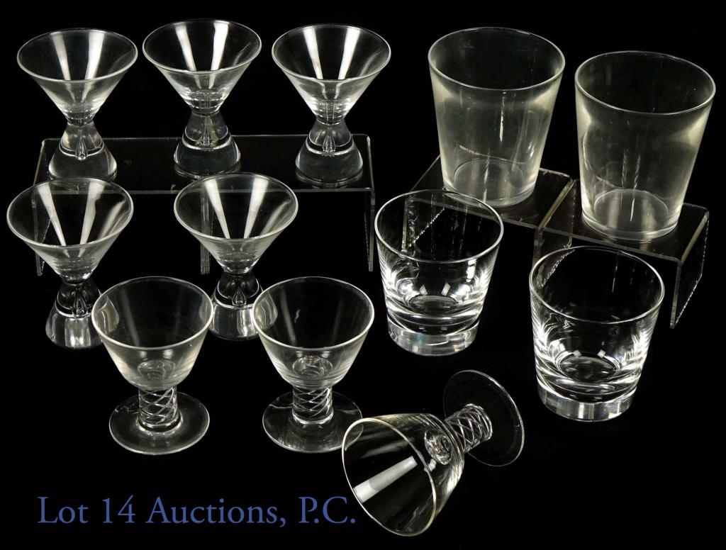 Steuben Bar Liquor Dbl. Old Fashioned Glasses: 12 Glasses, comprising 4 styles, all signed Steuben (or "S" for Steuben). See below for breakdown of styles and quantities. 2 Double Old Fashioned Whiskey Glasses. Approx 3.5" tall, 3.5" outer diamete