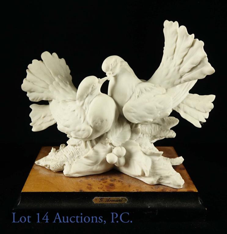 Giuseppe Armani (1935 - 2006) Capodimonte Birds: Capodimonte porcelain figurine of 2 doves or lovebirds. Unpainted on wooden base. Signed Giuseppe Armani (G. Armani). 7.25" (18.4 cm) tall. Base is 7.25" x 5.12" (18.4 cm x 13 cm). Blue Capodimonte ma