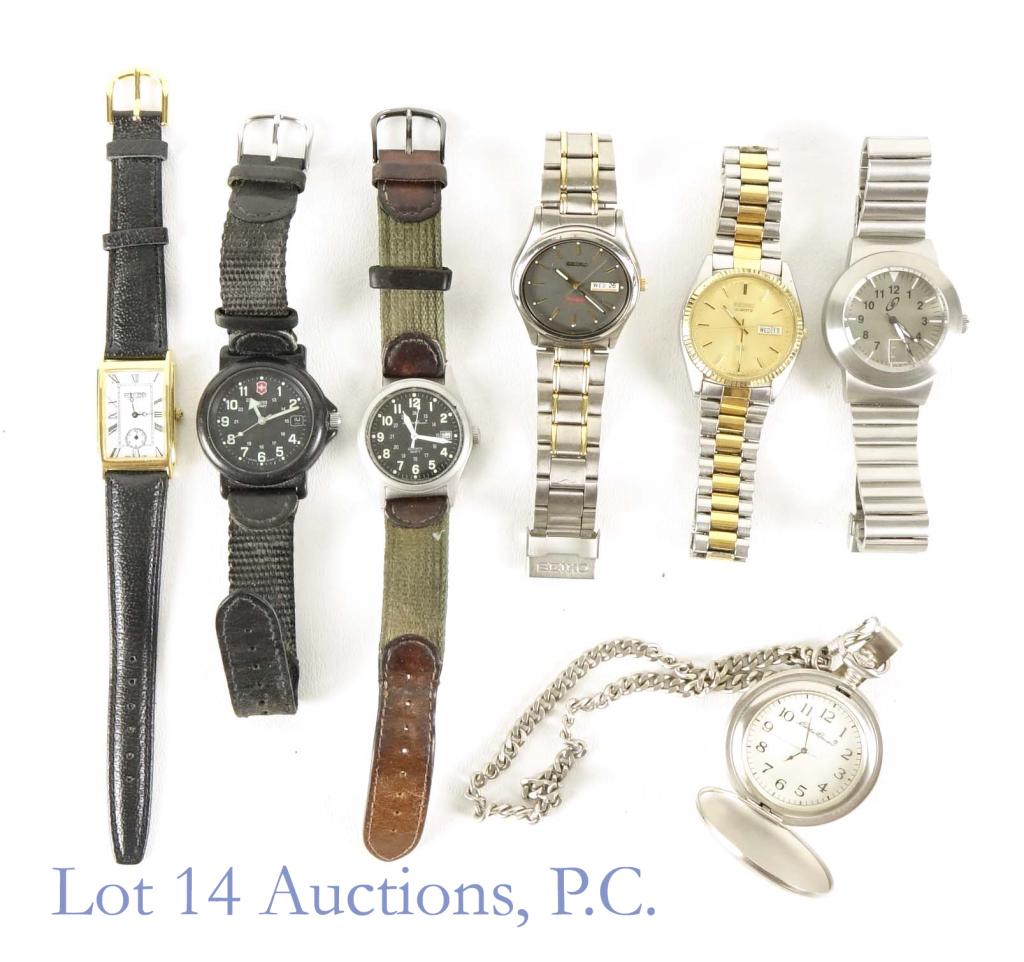 Men's Wrist Watches + Pocketwatch (7 - Seiko +): 6 wrist watches and one pocketwatch. Included: Seiko Titanium, Seiko Quartz, Storm, Eddie Bauer (no back), Swiss Army, Land's End, plus an Eddie Bauer pocket watch. All of these are in used condition