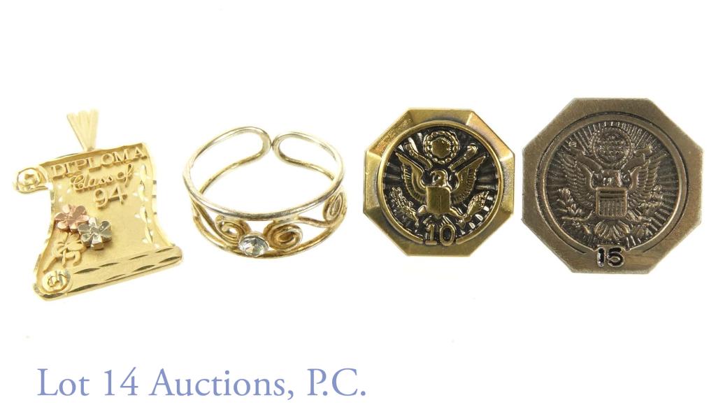 14k Gold Pendant + Sterling Ring + 2 pins: 14k gold graduation pendent (2.2g). Includes 2 pins (not gold), and a sterling silver adjustable ring (1.4g).