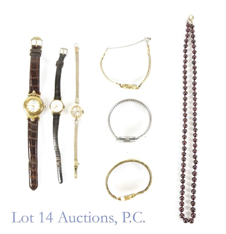 Women's Wrist Watches (6 - Omega, Olma), Necklace: 6 women's wrist watches. Includes: American Time Ltd. union made, "International Association of Mechanists and Aerospace Workers"; Omega 14k gold filled; Gruen (missing face crystal); Liz Claiborne; O