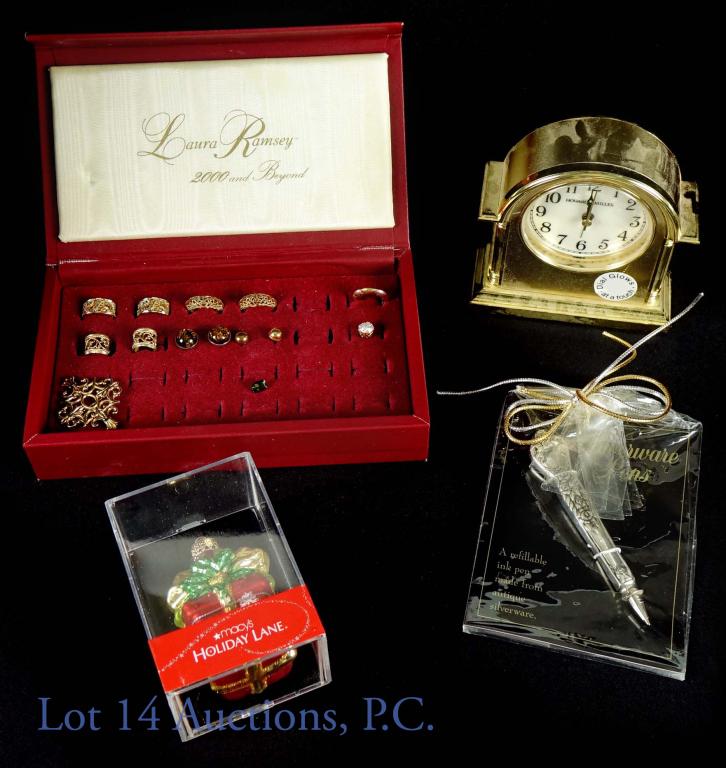 Sterling Silver Earrings (5), Brooch +: Sterling silver jewelry: 5 pairs of earrings, 2 single earrings and 1 brooch. Total weight: 30.3g. Lot also includes a loose emerald (5.9x8.5mm), a Howard Miller, vintage desk alarm clock, a "silverwa