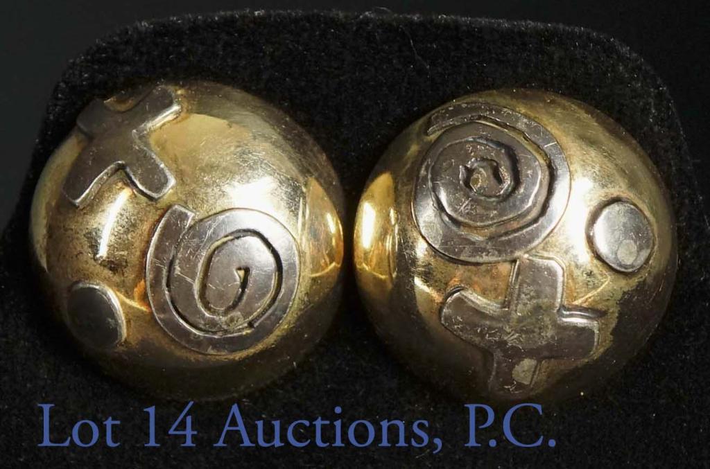 Alexander Calder Style 10k Gold, Silver Earrings: 22mm diameter, 7.5mm deep. These earrings are UNMARKED, but based on Calder's art and style, we can be confident that these earrings are after him or in his style.