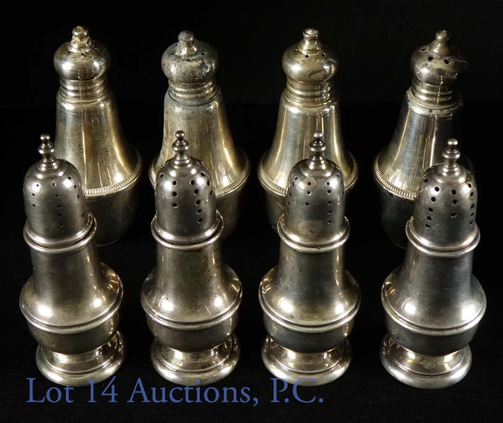 Sterling Silver Salt and Pepper Shaker Lot: Rogers, Lunt and Bowlen Co. sterling silver two sets of salt and pepper shakers. Stamped on bottom with trademark, sterling and product number 1121 on bottom. Approximately 4.5" tall and weighs 198 gr