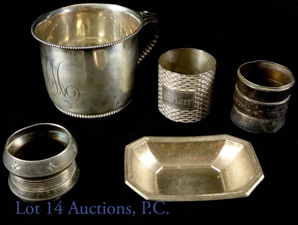 Gorham Silver Mug Cellar Napkin Ring Lot **: Gorham sterling silver salt cellar. Stamped with Gorham trademark and hallmark, sterling and No 4. on bottom. Approximately 1.25" by 3.25" and weighs 24 grams. Gorham sterling silver mug monogrammed w