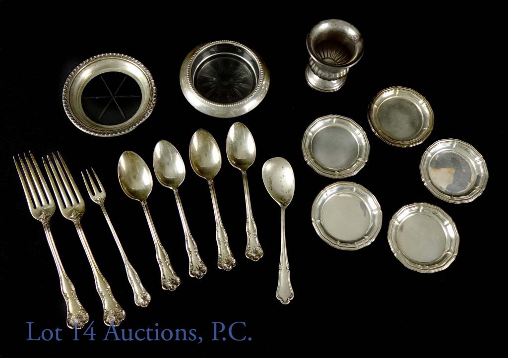 Sterling Silver Fork Spoon Ashtray Lot: Revere Silversmith Toothpick holder sterling silver reinforced with cement, Product No. 849 approximately 2.5" tall and 48 grams. Glass and Sterling Ashtray Sterling Stamped on bottom Approximately 3.