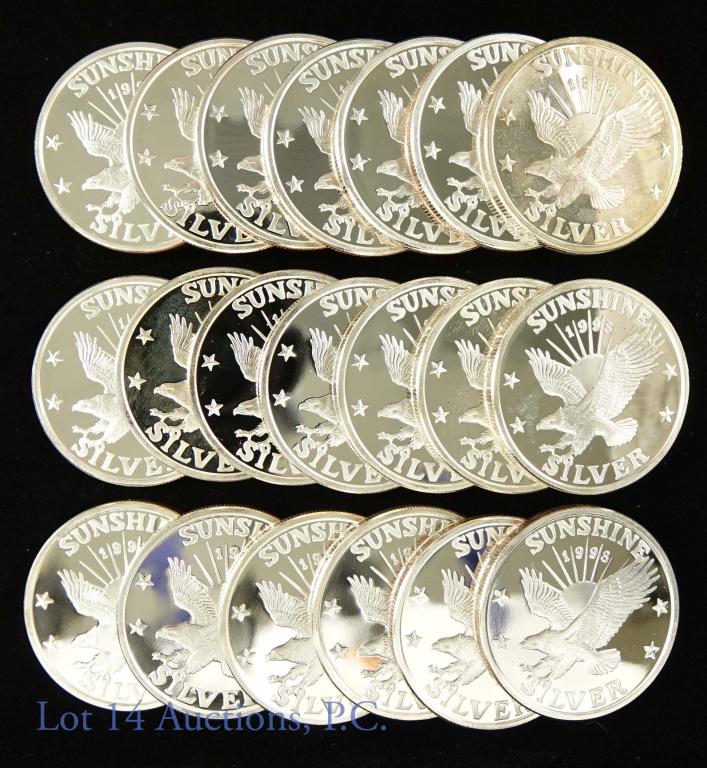 1998 Sunshine Mining 1ozt Fine Silver Rounds (20): (20) 1998 Sunshine Mining rounds. Each round is 1 troy ounce of 0.999 fine silver.