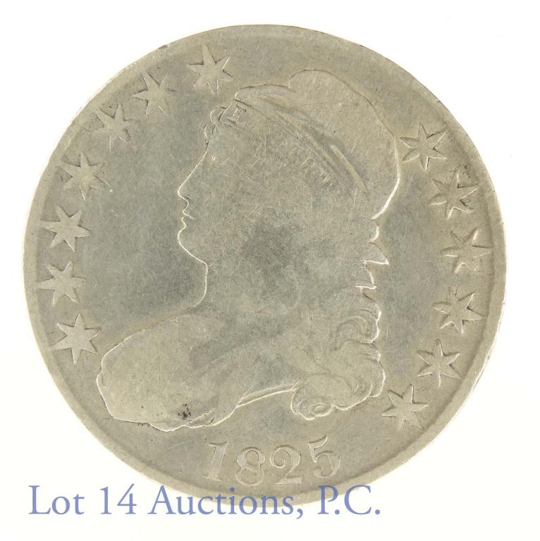 1825 Capped Bust Half Dollar: 1825 Capped Bust half dollar. 89.2% silver. PCGS estimates a survival of 7000 coins.