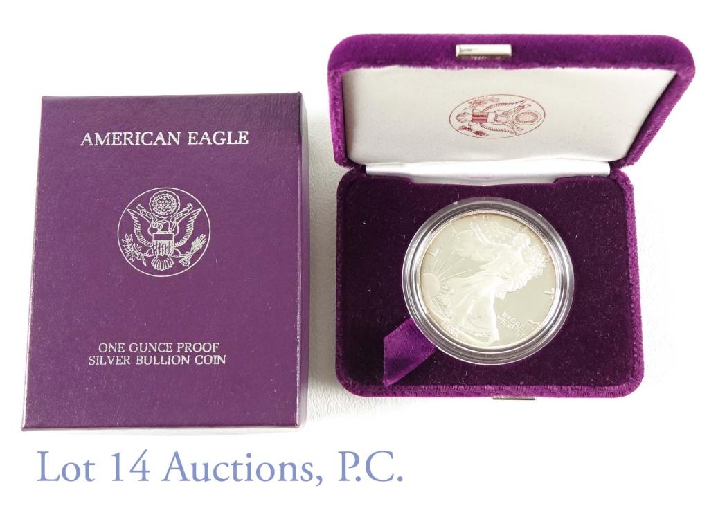 1986-s Proof Silver Eagle Bullion Coin: 1986-s United States $1 Silver Eagle bullion coin. 1 troy ounce of 0.999 fine silver. Comes in original U.S. Mint flip box, outer box, and COA.