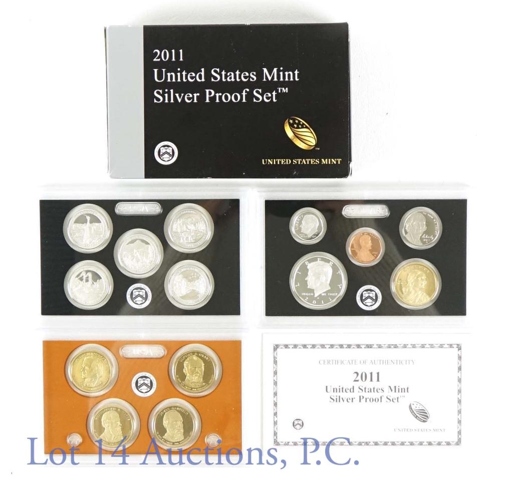 2011 United States Silver Proof Set: 2011 United States silver proof set (14 coins). Includes 90% Kennedy half dollar, Roosevelt dime, and (5) National Park quarters - in addition to proof Lincoln cent, Jefferson nickel, Native American