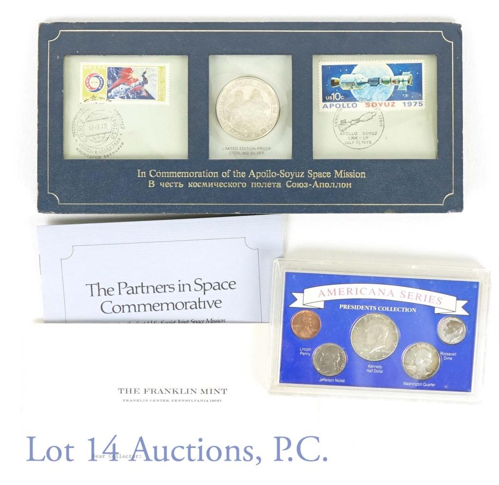 Apollo Soyuz Silver Medal, Coins: 1975 Franklin Mint sterling silver medal commemorating the Apollo-Soyuz Test Mission. Comes in display stand with U.S. and Soviet stamps honoring the mission, stamped on 17 July 1975 - the day the two
