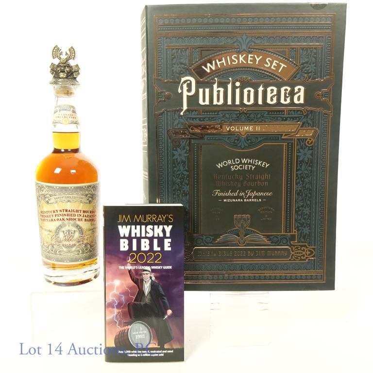 Publioteca World Whiskey Society Jim Murray Sgd.: Publioteca Whiskey Set by World Whiskey Society, Vol. II, 2022. Includes the 2022 Whiskey Bible SIGNED by Jim Murray, and a bottle of Kentucky straight bourbon whiskey finished in Japanese mizunara oa