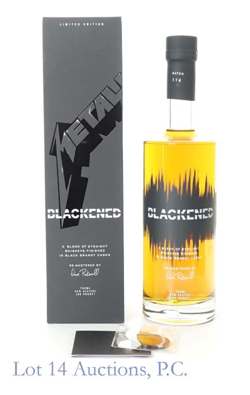 Blackened Metallica Edition Bourbon: *** IF YOU MAY NEED SHIPPING, PLEASE CALL US BEFORE BIDDING ON BOTTLES! 847-625-0555. *** In box with coin and booklet. Box has minor damage on corners of box. 45% abv. 90 proof. 750 ml.