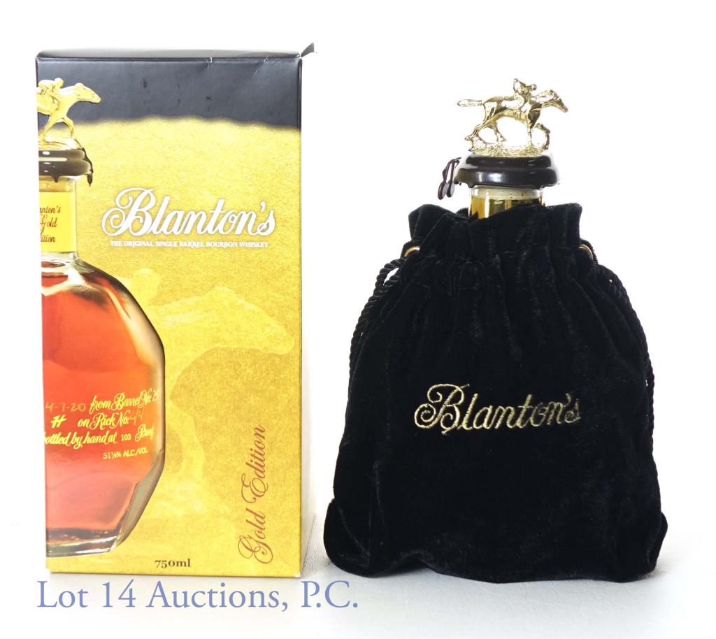 Blanton's Gold Ed. Bourbon Whiskey "O": Blanton's Gold Edition Kentucky Straight Bourbon Whiskey. Stopper letter "O". Dumped 11-14-22. Warehouse H, Rick 47, Barrel 2984, Bottle No. 41. 103 proof, 750ml. With bag and box.
