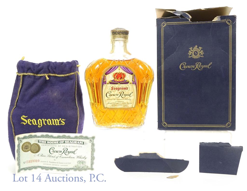 Pre 1964 Canada Only Seagram's Crown Royal Whisky: *** IF YOU MAY NEED SHIPPING, PLEASE CALL US BEFORE BIDDING ON BOTTLES! 847-625-0555. *** Seagram's Crown Royal rare old Canadian Whisky. 25 fluid ounces. High shoulder fill. Gold cap. No alcohol volu